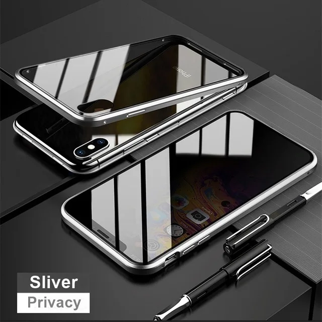 Конфиденциальное металлическое магнитное закаленное стекло чехол для телефона для samsung Galaxy S8 S9 S10 Plus Note 8 9 10 360 магнит предотвращает писк крышка - Цвет: Silver