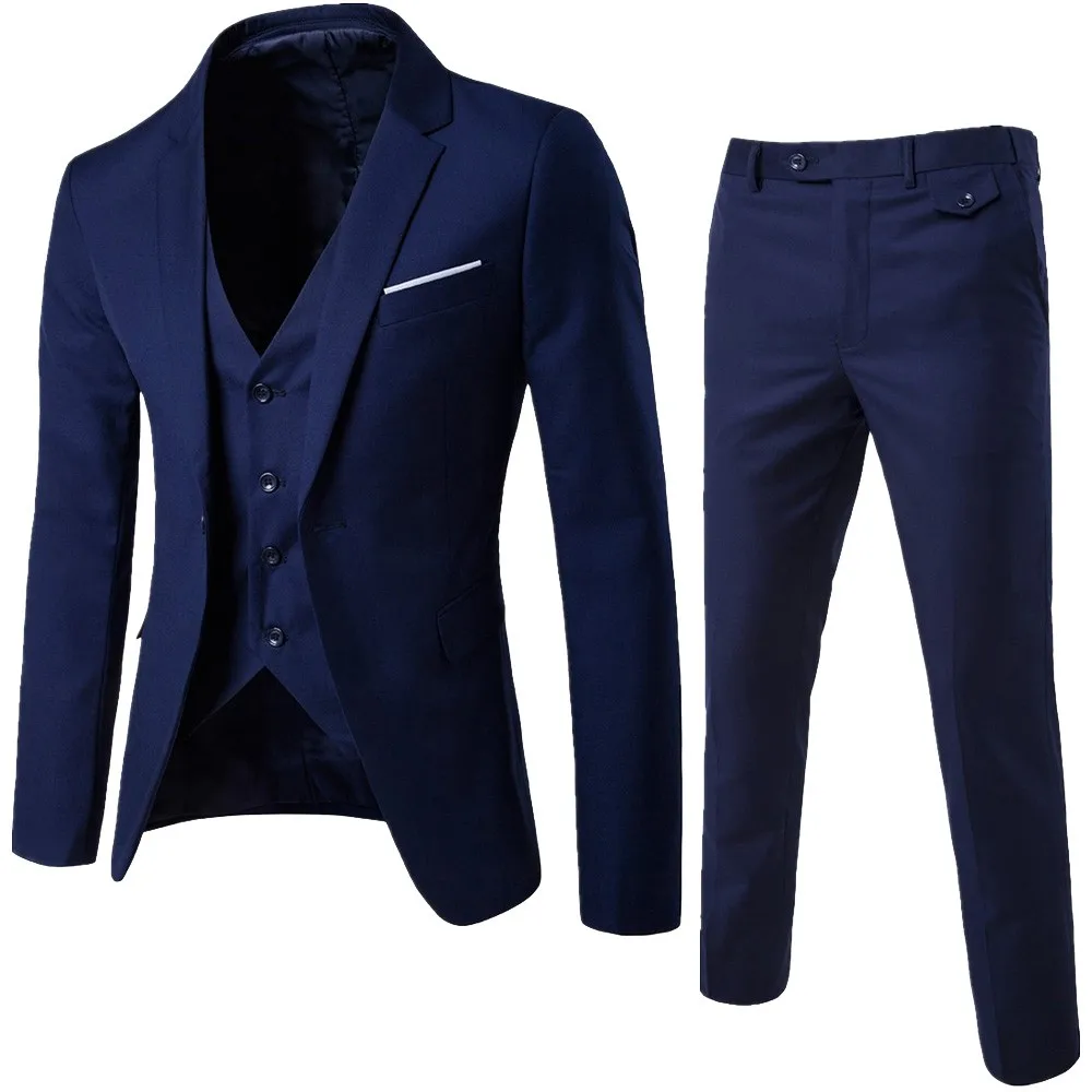 Модный мужской костюм, тонкий костюм из 3 предметов, деловой костюм для свадебной вечеринки, хлопковая куртка, жилет и брюки, высококачественный Однотонный мужской костюм 2020New - Цвет: Navy