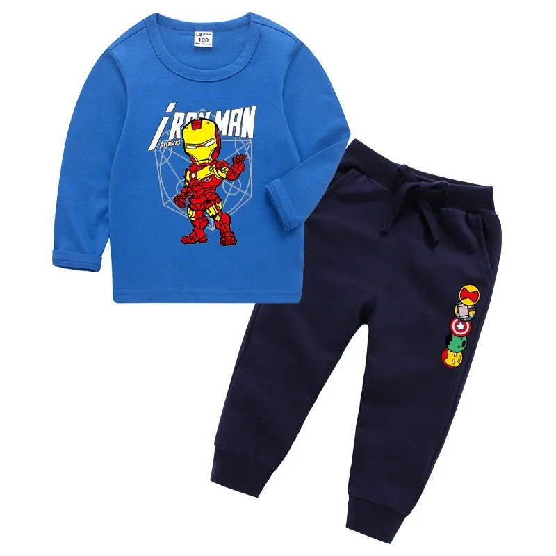 Осенний комплект одежды для мальчиков, детские футболки и штаны с изображением Железного человека, Капитана Америки, детский хлопковый спортивный костюм для подростков, детская одежда