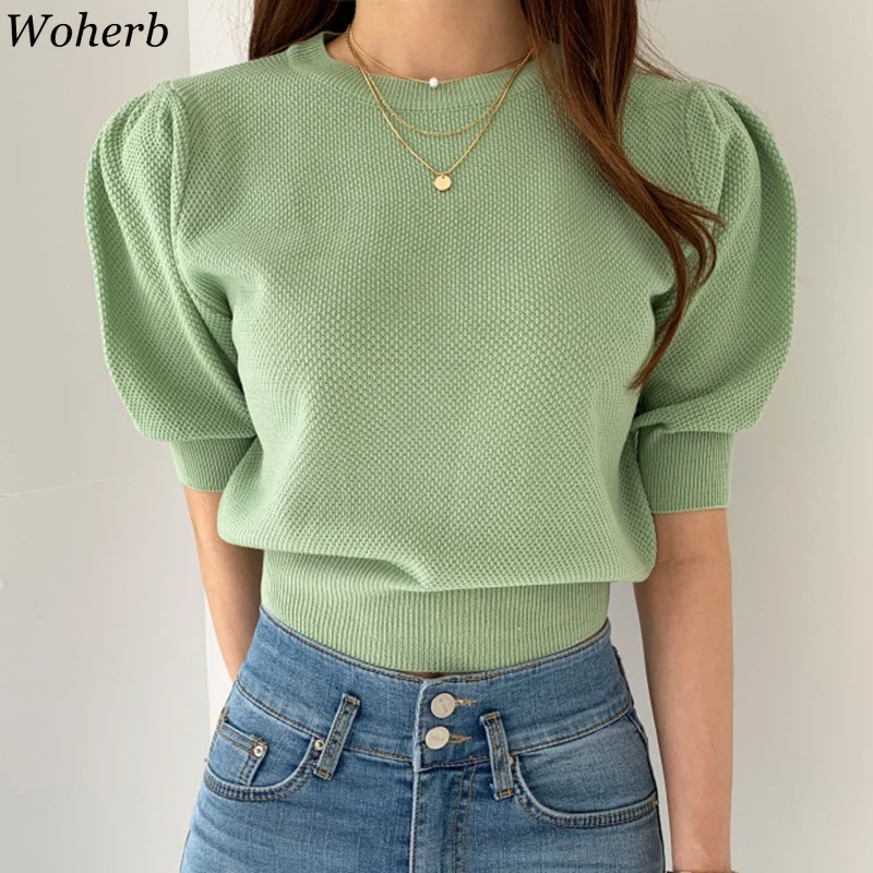 Woherb 2021 verano coreano Chic Pullover Mujer pantalón corto Casual Puff manga, Top Vintage-Encuentro de Jersey suéter Mujer