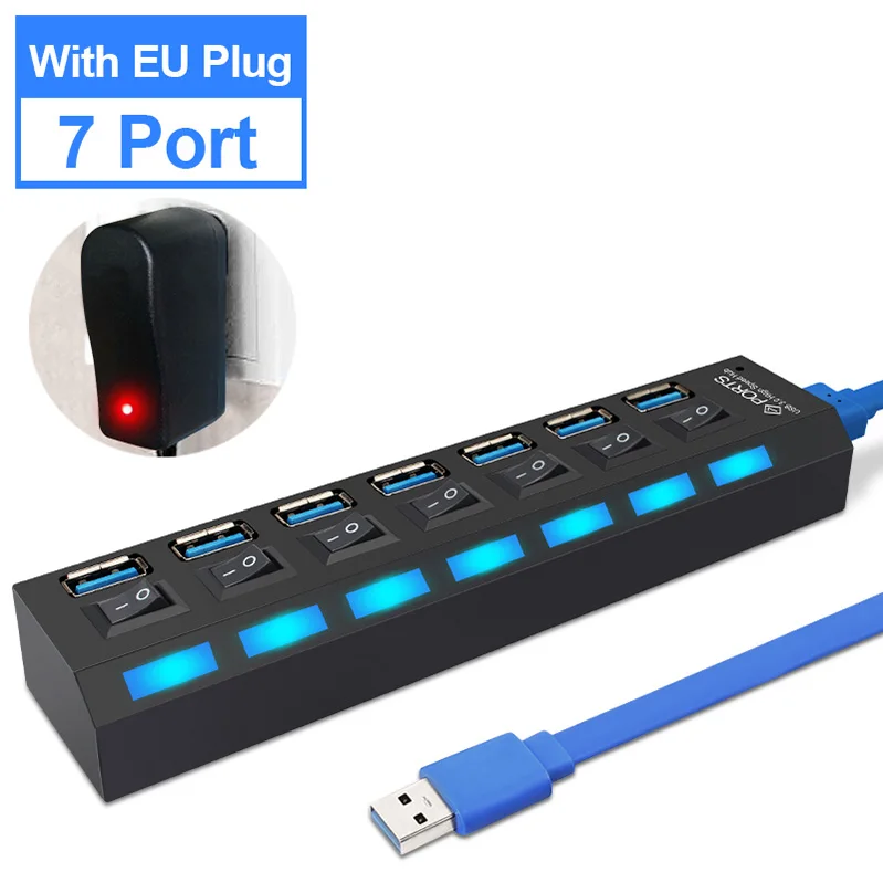 Usb-хаб 3,0 USB разветвитель Мульти USB 2,0 концентратор несколько 4/7 портов Hab разветвители с адаптером питания Компьютерные аксессуары концентратор для ПК - Цвет: Black 7 Port EU Plug