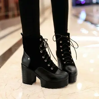 

Women Non-slip Shoes Lace-up Block High Heel Platform Ankle Knight Boots Plus Size