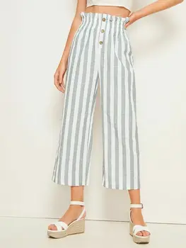

Women Pant 2019 New Summer Autumn Stripe Wide Leg Button Elastic Waist Harem Pant Ladies Casual Trousers Crop Pants