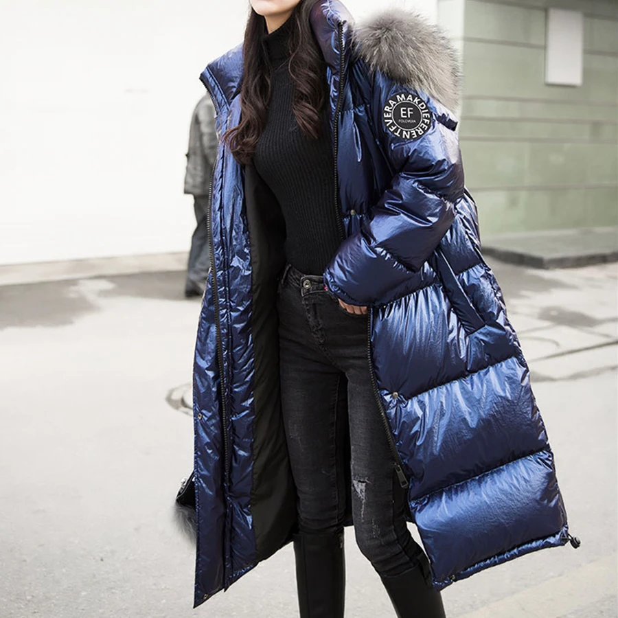 Koop Effen Bont Lange Down Jas Vrouwen Reflecterende Jas Glossy Plus Size Hooded Parka Jas Vrouwelijke Harajuku Warm Wit Eendendons jassen