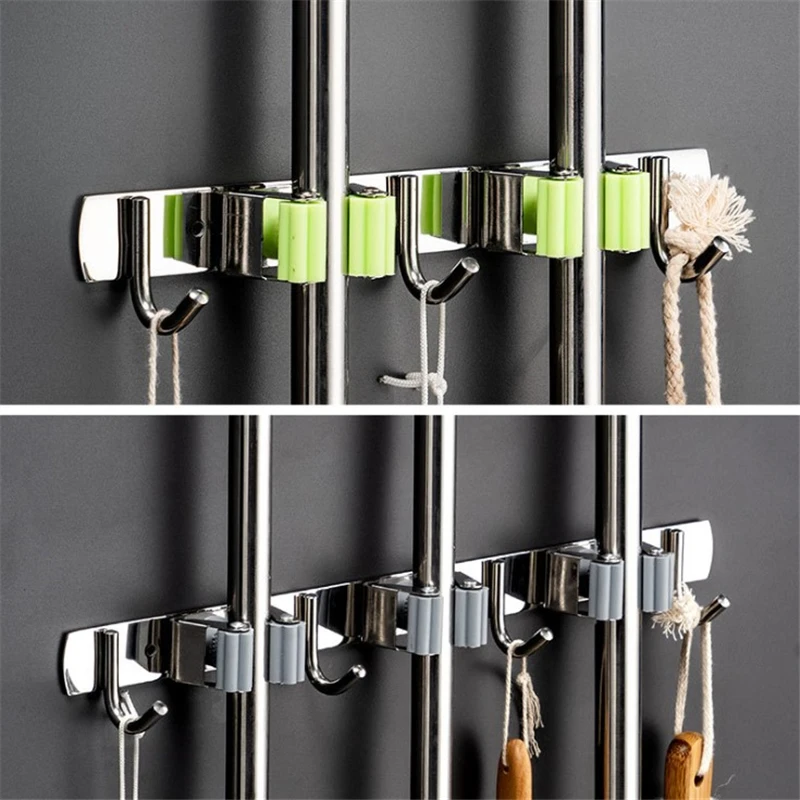 

Stainless Steel Broom Holder With Glue Multifunctional Wall Mounted Mop Organizer Practical Clip Kitchen Bathroom Storage Rack