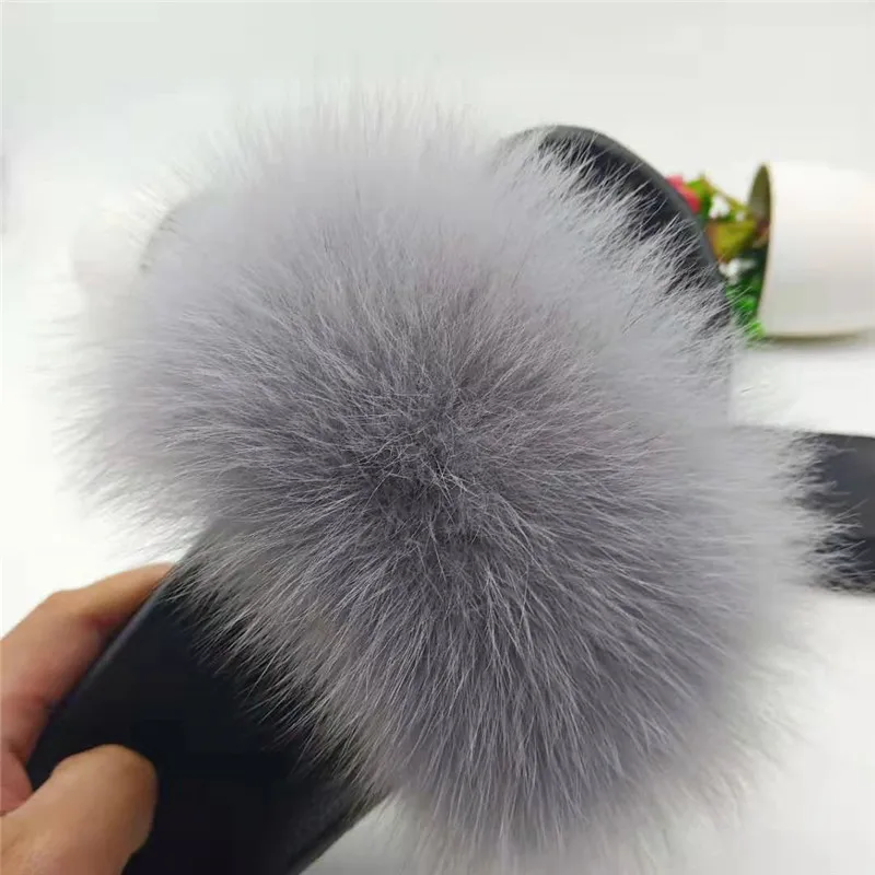 Light Gray Тапочки из меха енота женские сандалии из натурального Лисьего меха женские меховые шлепанцы, женские пушистые тапочки пушистая обувь на плоской подошве женская обувь, большие размеры 36-45 - Цвет: Light Gray