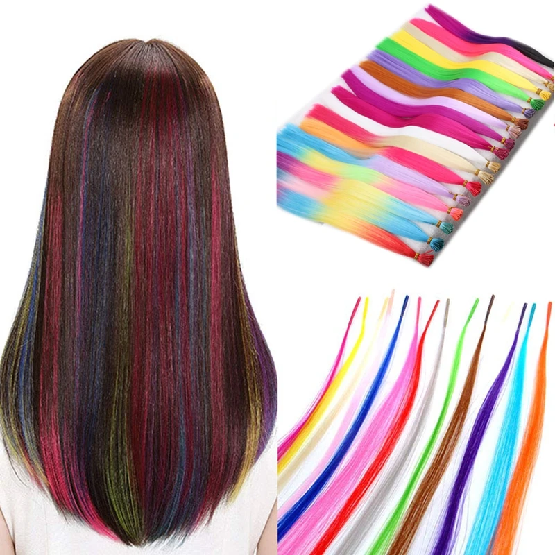 I Tip Feather Hair Extensions Luxury for Braiding 22" 100strands/lot Straight Rainbow Color Green Yellow Pink Synthetic