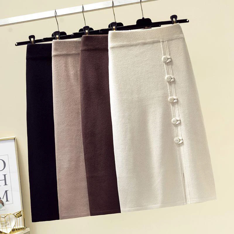 Осенне-зимние корейские модные женские облегающие длинные юбки с высокой талией и пуговицами, вязаная юбка, женские повседневные юбки-карандаш S232