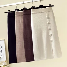 Осенне-зимние корейские модные женские облегающие длинные юбки с высокой талией и пуговицами, вязаная юбка, женские повседневные юбки-карандаш S232