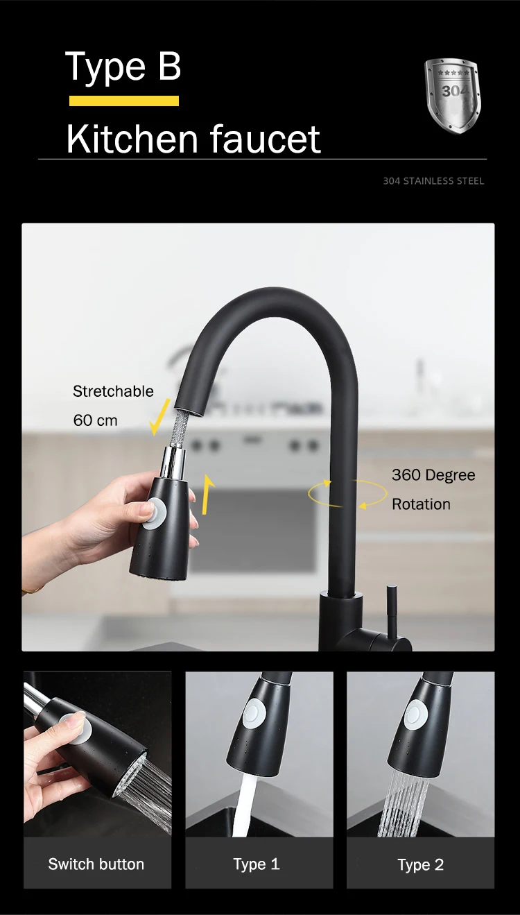 60cm Pull-out Kitchen Sink Faucet Single Hole Multifunction Hot And Cold Mixer Tap For Pure Water Midnight Black Stainless Steel