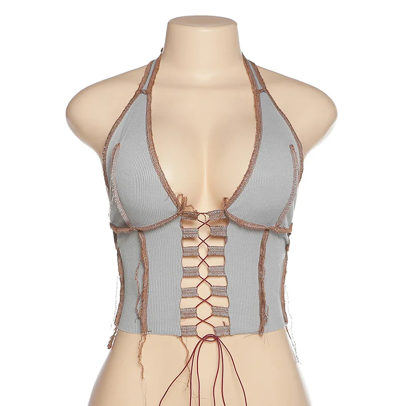 Кроп топ женский без рукавов с V образным вырезом ажурный короткий модная