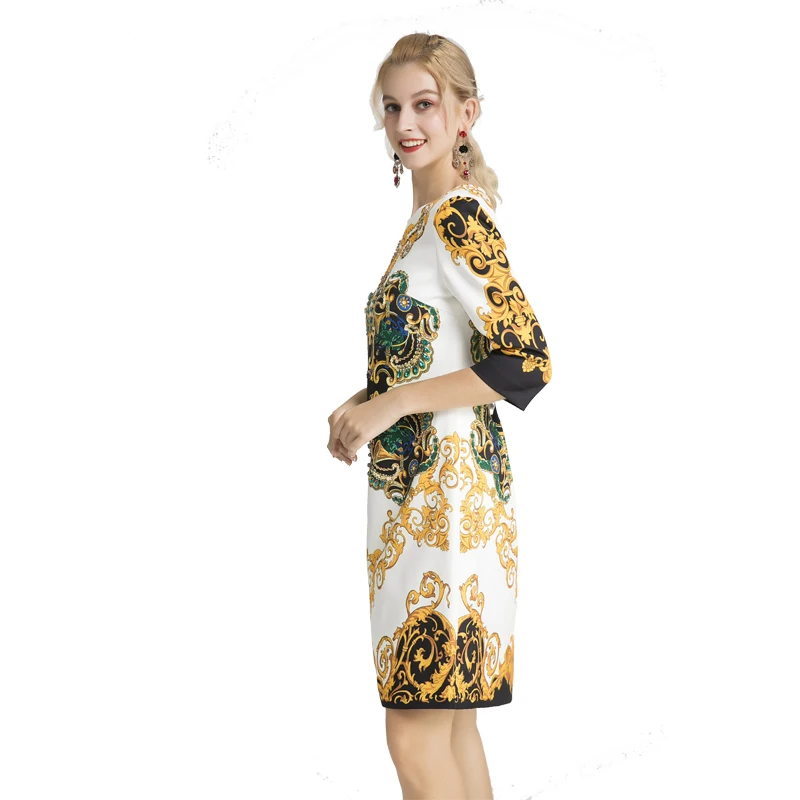 Ropa mujer, осень, модное подиумное платье, высокое качество, женское платье с блестками, Великолепное платье с бриллиантами и круглым вырезом, офисное платье
