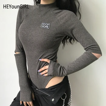 

HEYounGIRL Knit Hollow Out Long Sleeve Bodysuit Women Letter Print Casual Sknniy Bodycon Jumpsuit Ladies Basic Autumn Body Femme