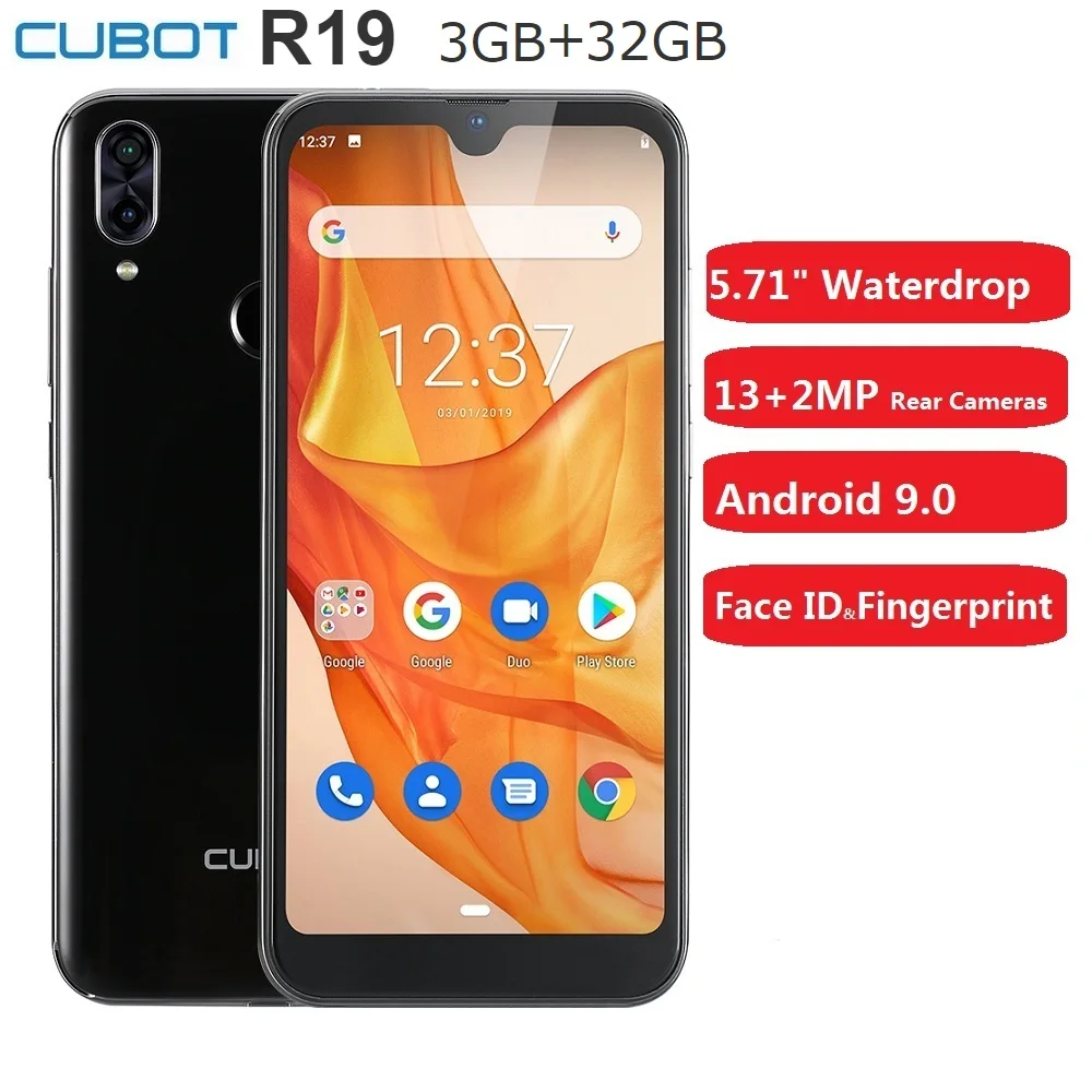  Cubot R19 3GB+32GB Smartphone 5.71'' Android 9.0 Quad Core Fingerprint Water Drop Screen Face ID Mo - 4000328735097