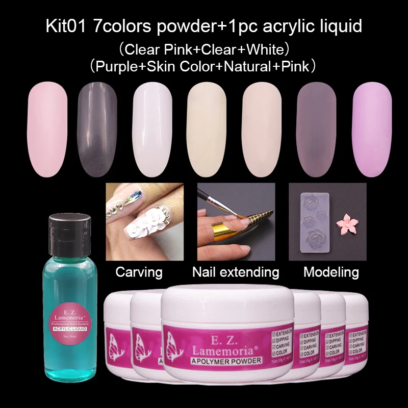 Lamemoria набор акриловый порошок Резьба ногтей полимерный наконечник расширение французский розовый белый металл с прозрачными кристаллами порошок 3D кристалл полимер