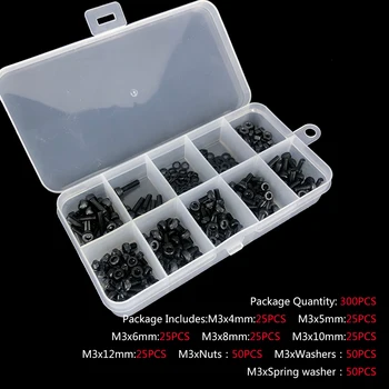 

300PCS Black Cylinder Head Hexagon Socket Screw Set M3 Bolt Nut Flat Washer Spring Boxed