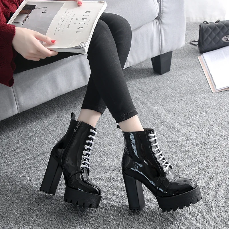 

Patent Leather Square Heel Short Boots Waterproof Platform Martin Boots Fashion Women's Ankle Boots Simple Comfort High Heels