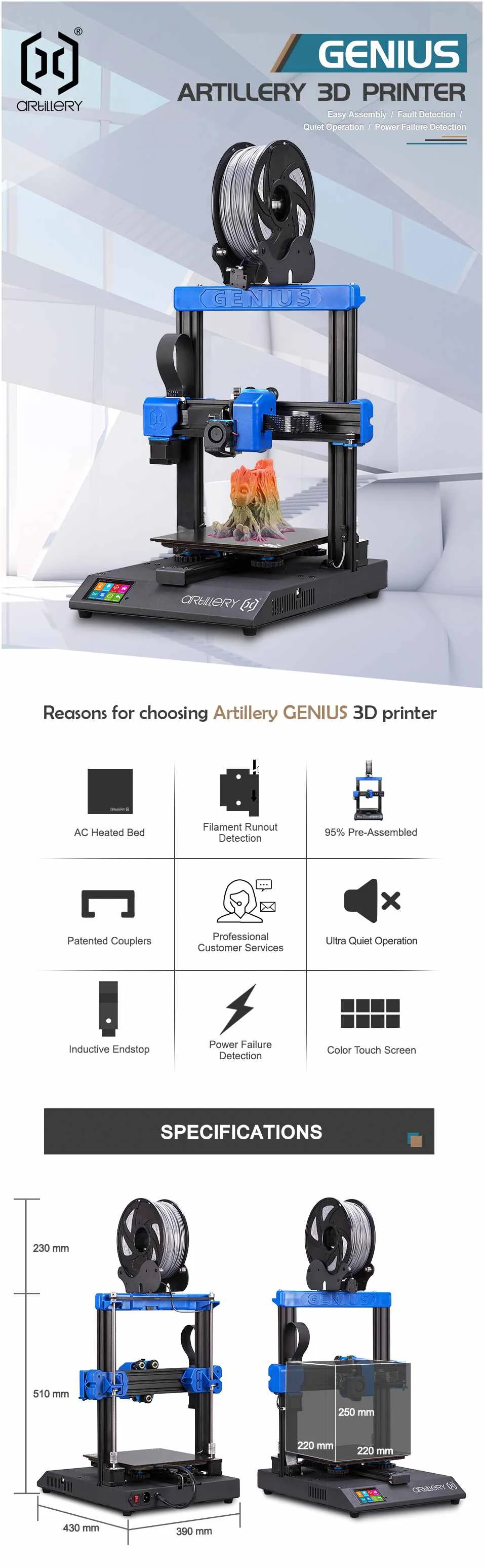 Risegun Artillery Genius Pro Impresora 3D,Impresión de recuperación de Falla de energía con Sensor de Salida de filamento de Doble Eje Z 