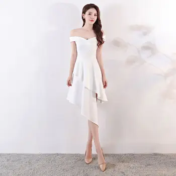 

White banquet wedding sister party dress short Korean version of a word shoulder fashion host student noble atmosphere dress
