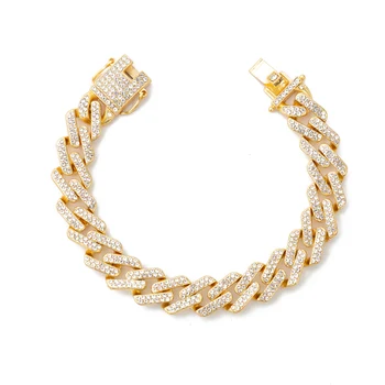 

7-8" Hip Hop Full Rhinestone Bling Iced Out Square Cuban Miami Link Chain Bracelets for Men Rapper Jewelry Gold Color
