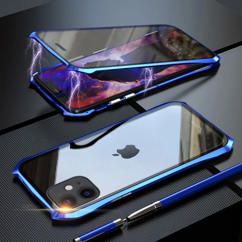 360 Full Body Protective Case For iPhone 11 Pro Max Phone Metal Shell Bumper&Duoble Side Tempered Glass iPhone11 Pro etui funda - Цвет: Full Blue