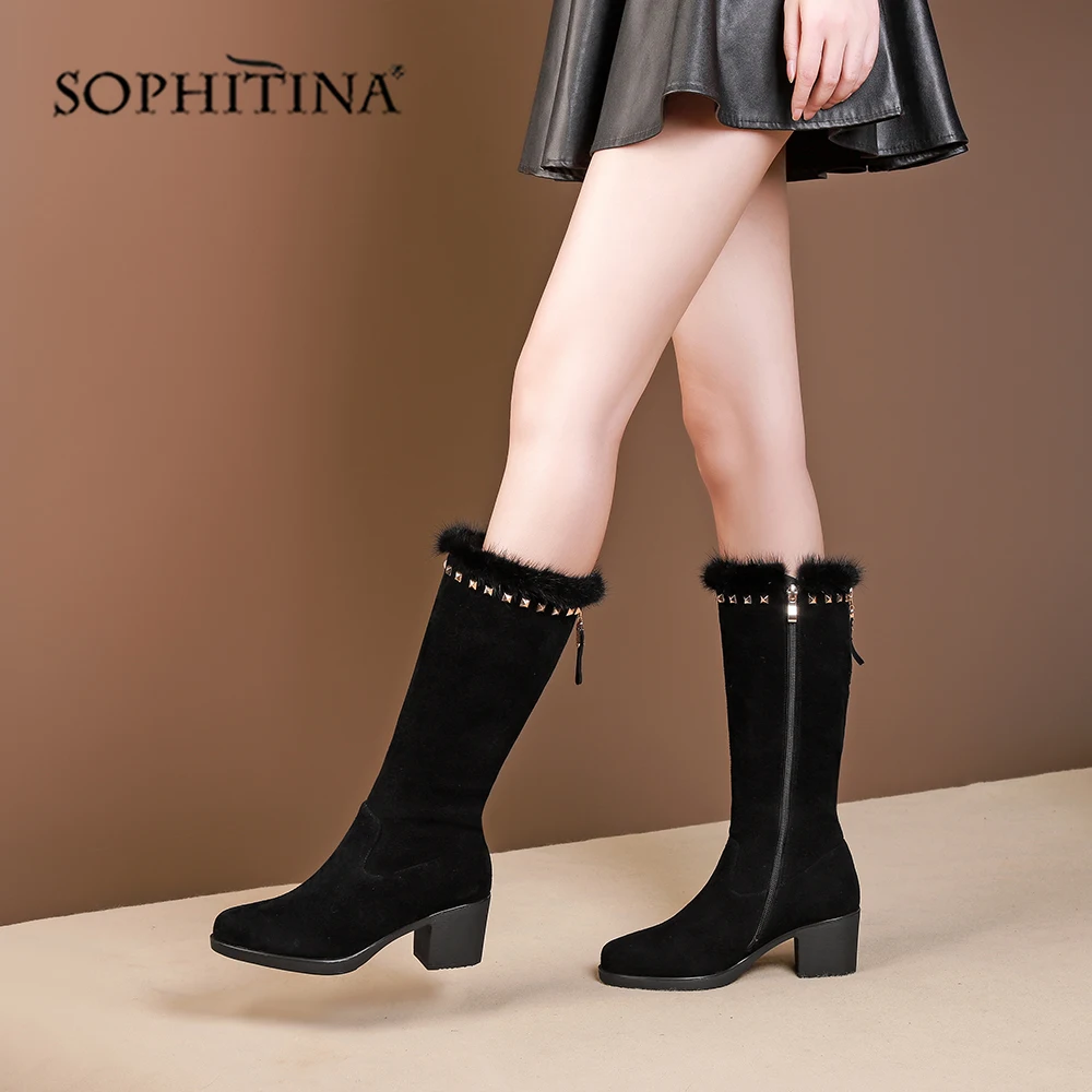 SOPHITINA/теплые женские ботинки из высококачественной натуральной кожи; модные дизайнерские ботинки на квадратном каблуке; Новые однотонные ботинки на молнии; PO301