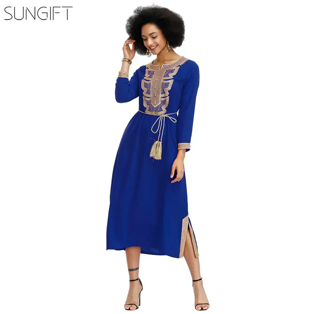 SUNGIFT африканская Дашики одежда для женщин с длинным рукавом вырез лодочкой Сплит Сторона H стиль Новые Классические платья Повседневная одежда