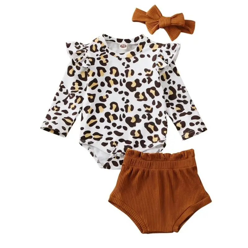 Г. Весенне-осенняя одежда для малышей Одежда леопардовой расцветки для новорожденных девочек боди с длинными рукавами, топ, шорты в рубчик повязка на голову