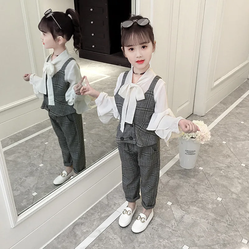 

2019 Spring Childrenswear New Style Child Three-piece Set Korean-style CHILDREN'S Suit GIRL'S Shirt Waistcoat Combo 1-Piece Read