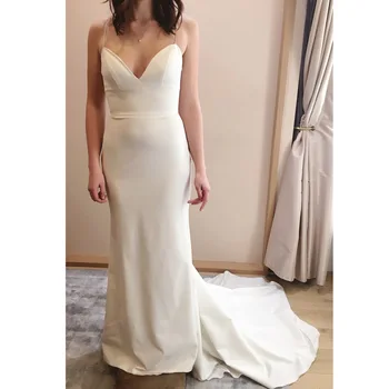 

Spaghetti Straps Long Wedding Dress 2020 Sexy Mermaid White Satin Sweep Train Bridal Gowns Custom Plus Size vestidos de novia