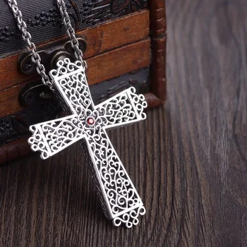 

Orthodox Cross Pendant For Men 925 Sterling Silver Hollow Flowers Natural Garnet Personalized Religious Jewelry