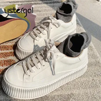 

Ystergal White Lace-up Women Sneakers Thick Bottom Platform Shoes Woman Espadrilles Casual Walking Shoes Ladies Flats Creepers
