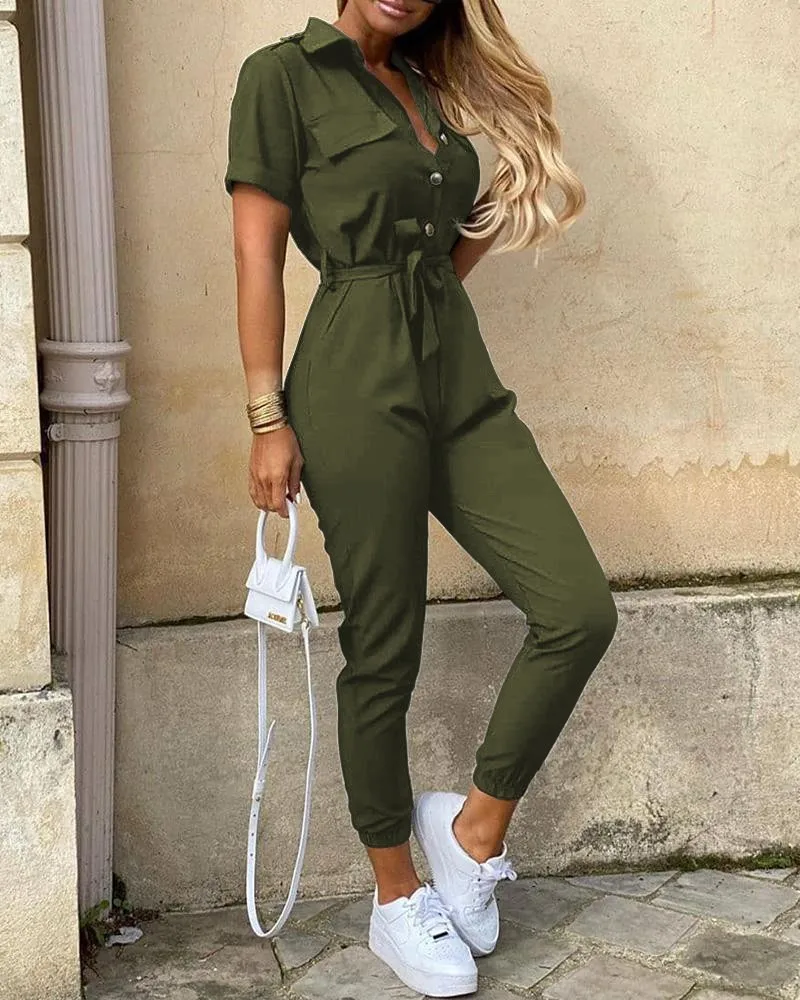 Solid Short Sleeve Bottoned Rompers Women Jumpsuit Casual One Piece Overalls