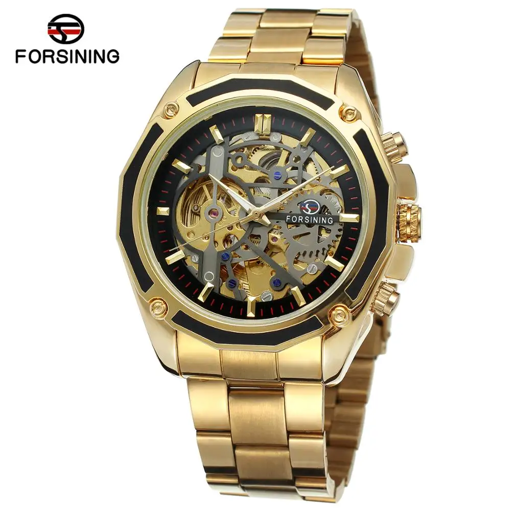 

FORSINING Brand Men Watch Gold Stainless Steel Military Sport Wristwatch Skeleton Automatic Mechanical Watches Relogio