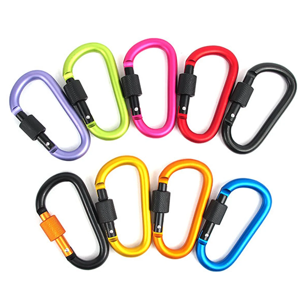 

9 Pack Aluminum Alloy D-ring Locking Carabiner Clip Set Screw Lock Hanging Hook Keychain with Wire Ring for Camping Hiking
