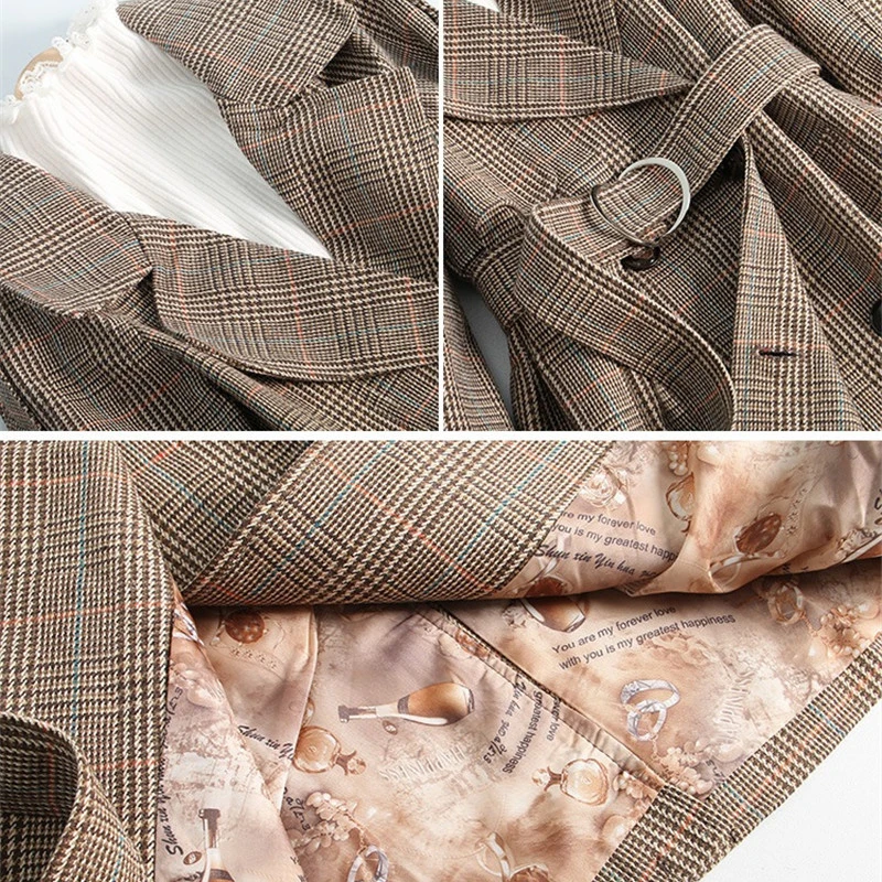 New Fashion Female Windbreakers Autumn Women Plaid Trench Coat Double-breasted Long Overcoat With Belt Outerwear R1172