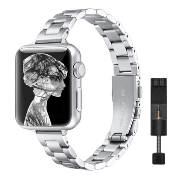 Kobiety cienki Metal pasmo dla Apple obserwować 38mm 40mm 41mm Slim opaska ze stali nierdzewnej pasek do iWatch SE 7 6 5 4 3 2 1 bransoletka tanie i dobre opinie CN (pochodzenie) 17cm Paski do zegarków STAINLESS STEEL Nowość bez znaczków JC0116 Folding buckle for Apple Watch 7