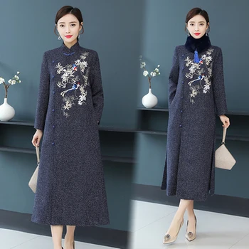 

Winter Women Embroidery Retro Style Female Improved Cheongsam Coats Thickened Long Trench Coat Plus Size Windbreaker White Blue