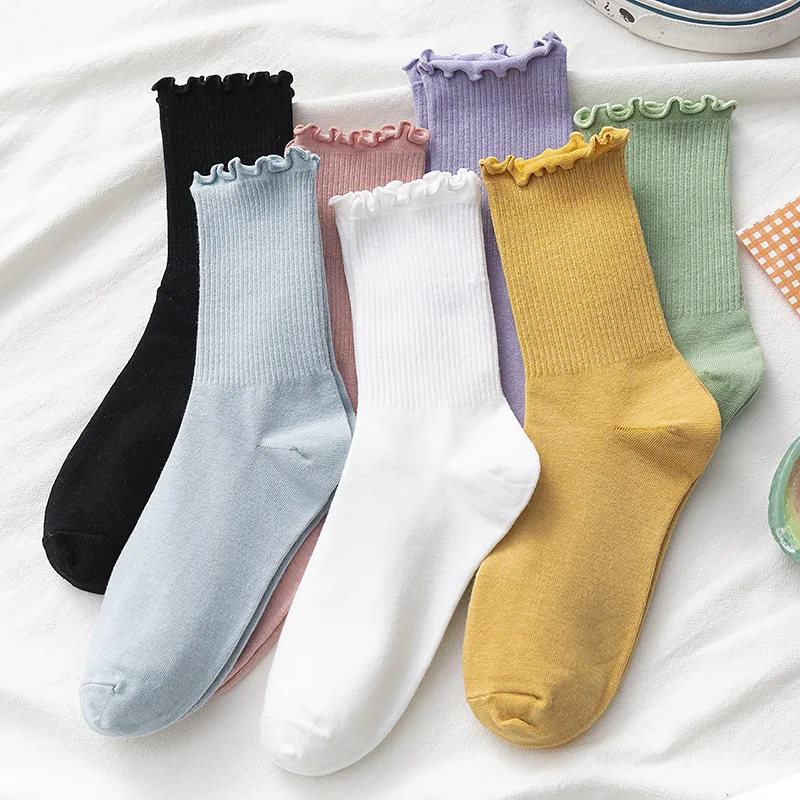 

Ruffle Socks Women's Fashion Color Solid Socks Cotton Socks Woman Girls Casual Yellow White Green Pink Purple Socks