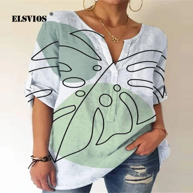 

Summer New Fashion Women Printed V Neck Pullover Long Sleeves Casual Loose Streetwear Elegant Slim Shirts Office Ladies Blouses