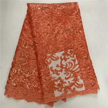 

Beautiful orange evening dress tull lace cloth French net lace fabric with sequins for dress RFN53(5yards/lot)
