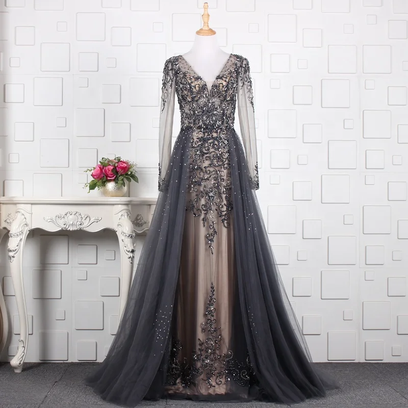 

Women's Heavy Beaded V-Neck Long Sleeve Evening Dresses Tulle See Through Back Floor Length Dinner Party Dresses