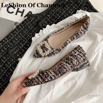

LeShion Of Chanmeb 2021 Spring Luxury Brand Designer Tweed Flat Shoes Women Plaid Check Pearls Espadrilles Casual Flats Fashion