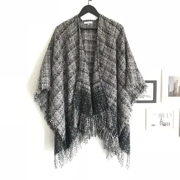 

European and American autumn and winter new loop yarn plaid split big shawl ladies increase thickening warm scarf cloak
