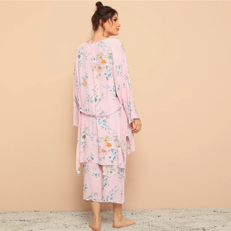 SHEIN цветочный принт Cami пижамный комплект с халатиком для женщин Летняя повседневная одежда для сна Спагетти ремень с длинным рукавом поясом женский халат