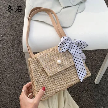 

2020 New Straw Bags Women Pearl Ribbon Shoulder Messenger Bag Handmade Woven Bag Tote Summer Bohemian Beach Bags Lady Handbag