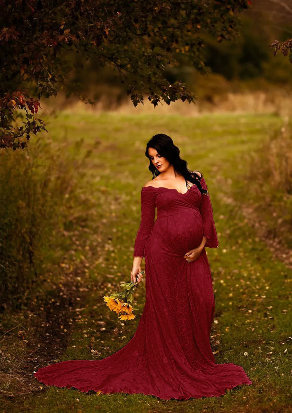 Long Maternity Dresses For Photo Shoot Sexy Lace Fancy Pregnancy Dresses Flare Sleeve Pregnant Women Maxi Gown Photography Props (14)