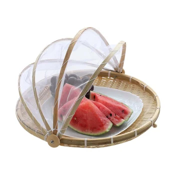 

Hand Woven Bug Proof Basket Dustproof Picnic Basket Handmade Fruit Vegetable Bread Cover Wicker Basket with Gauze