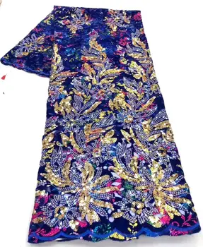 

2020 Royal Blue Gold Sequins Velvet Lace Fabric High Quality African Lace Fabric Sfot French Lace Fabric For Wedding Daily Wear