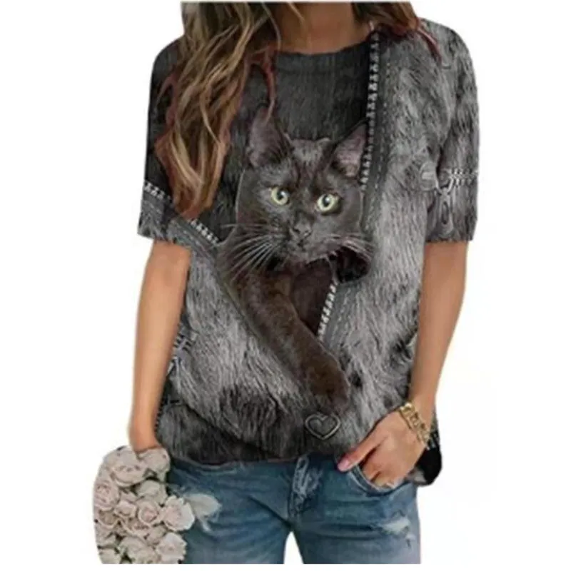 H964d0e4adf6f4658b6bf72c37442c2ba3 - Fashion Trendy Ladies 3D Cartoon Cat Print T Shirt Women